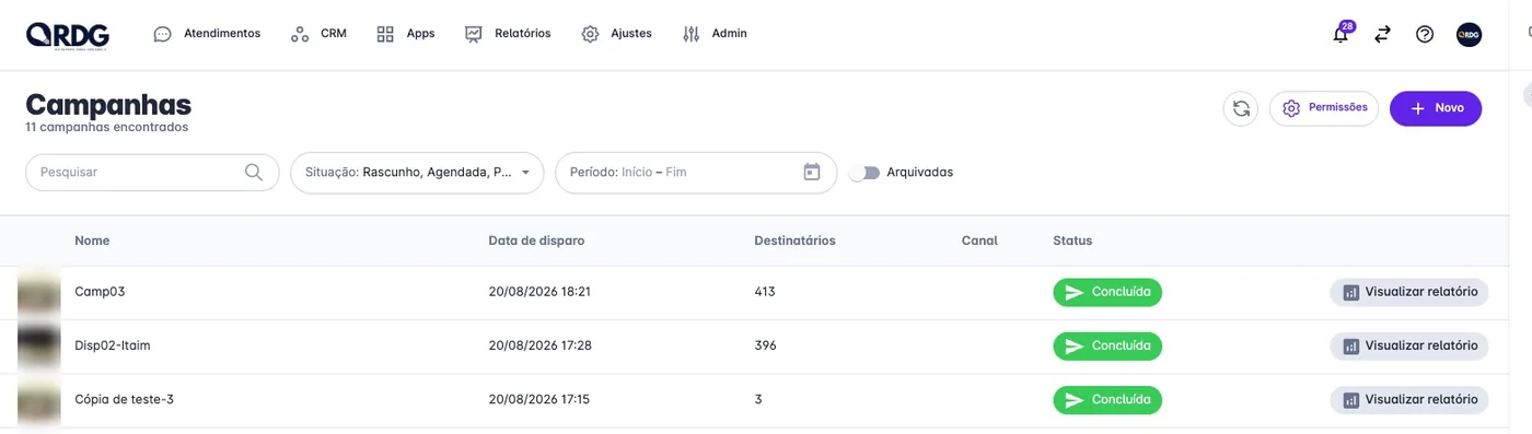 Tela tratada de campanhas no CRM RDG